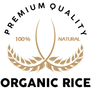 Logo for premium quality organic rice with wheat ears and text on a white background